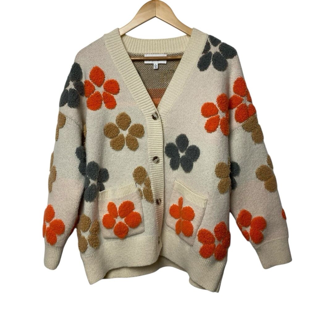 Sweet Lemon Floral Cardigan Sweater L Chunky Knit Textured Cottagecore Retro